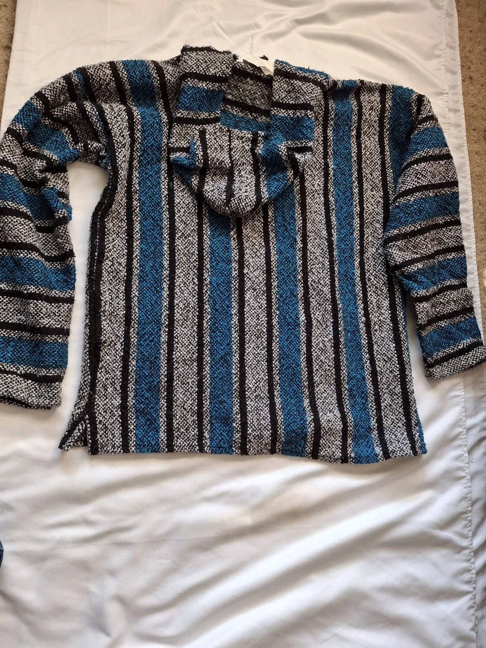 Oxxi Craft Mexican Baja Hoodie Turquoise Black Gray Woven Pullover